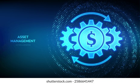 Asset management icon made with currency symbols. Fintech. Business investment banking payment technology concept. Dollar, euro, yen, pound icons. Background with currency signs. Vector illustration.