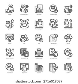 Pack de iconos de gestión de activos para su Sitio web, móvil, presentación y diseño de logotipos. Diseño del esquema del icono de gestión de activos. Ilustración gráfica de Vector y trazo editable.