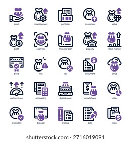 Pack de iconos de gestión de activos para su Sitio web, móvil, presentación y diseño de logotipos. Diseño de doble tono de Asset Management Icon. Ilustración gráfica de Vector y trazo editable.