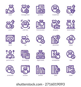 Pack de iconos de gestión de activos para su Sitio web, móvil, presentación y diseño de logotipos. Línea de iconos de gestión de activos con diseño de color básico. Ilustración gráfica de Vector y trazo editable.