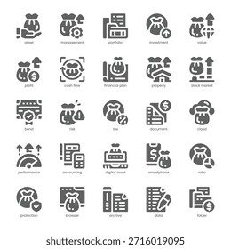 Pack de iconos de gestión de activos para su Sitio web, móvil, presentación y diseño de logotipos. Diseño sólido del icono de gestión de activos. Ilustración gráfica de Vector y trazo editable.
