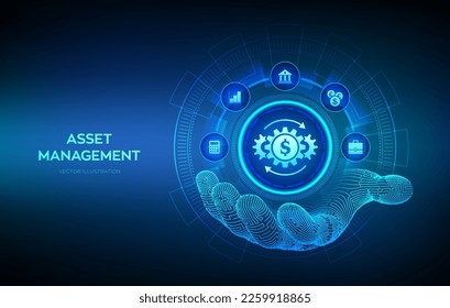 Asset management icon in robotic hand. Business investment banking payment technology concept on virutal screen. Vector illustration.