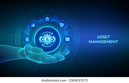 Asset management icon in robotic hand. Business investment banking payment technology concept on virutal screen. Vector illustration.