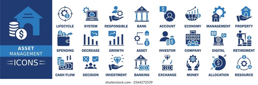 Asset Management icon set. Containing finance, investment, technology, growth, corporate, and more. Solid vector icons collection