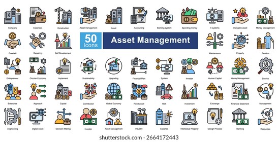 Asset Management icon set containing 50 icons including, company, expenses, construction, asset management, asset, accounting, banking system, spending money, it systems, simple vectors.