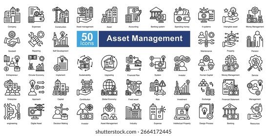 Conjunto de iconos de gestión de activos que contiene 50 iconos que incluyen, empresa, gastos, construcción, gestión de activos, activos, contabilidad, sistema bancario, gastar dinero, sistemas informáticos, Vectores simples.
