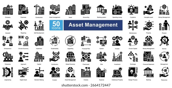 Asset Management icon set containing 50 icons including, company, expenses, construction, asset management, asset, accounting, banking system, spending money, it systems, simple vectors.