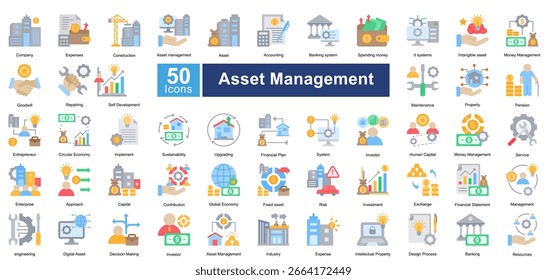 Asset Management icon set containing 50 icons including, company, expenses, construction, asset management, asset, accounting, banking system, spending money, it systems, simple vectors.
