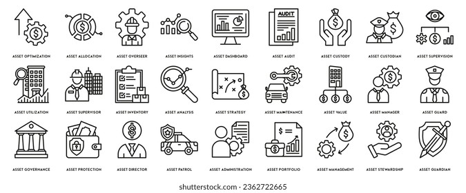 Asset management icon set. Contains such icons as audit, investment, business, stability and more, can be used for web