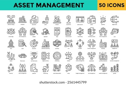 Asset Management icon set with decision making, company, document, client, investor, investment, bank account, wallet, property, digital asset icon. Simple line vector 
