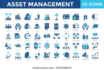 Conjunto de iconos de gestión de activos con toma de decisiones, empresa, documento, cliente, inversor, inversión, Cuenta bancaria, cartera, propiedad, icono de activos digitales. Vector plano simple 
