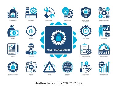 Asset Management icon set. Finance, Infrastructure, Enterprise, Intellectual Property, Optimisation, Governance, Investment, Manager. Duotone color solid icons