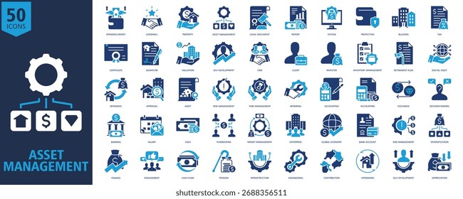 Ícone de gerenciamento de ativos Definir Glifo Duotônico com gastos em dinheiro, goodwill, propriedade, gerenciamento de ativos, documento legal, relatório, sistema, proteção, construção, imposto
