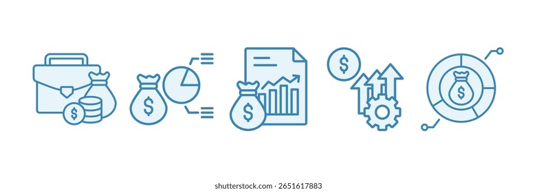 Conjunto de iconos de gestión de activos Colección de varios estilos, que contiene diseño Cartera de inversión, asignación de presupuesto, datos financieros, asignación de presupuesto, mejora financiera
