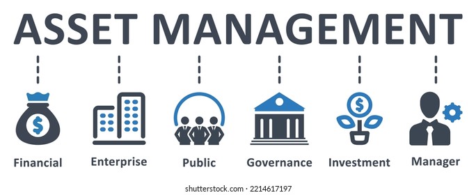 Asset Management Symbol - Vektorgrafik . Objekt, Management, Finanz, Unternehmen, Infrastruktur, öffentliche, Governance, Investitionen, Infografik, Vorlage, Konzept, Banner, Symbolsatz, Symbole .