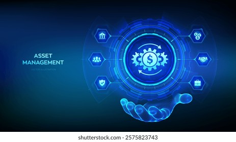 Asset management icon in wireframe hand. Business investment banking payment technology concept on virutal screen. Vector illustration.