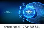Asset management icon in wireframe hands. Business investment banking payment technology concept. Asset management icon inside glowing sphere in wireframe hand. Vector illustration.