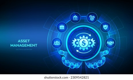 Asset management icon in wireframe hands. Business investment banking payment technology concept on virutal screen. Vector illustration.