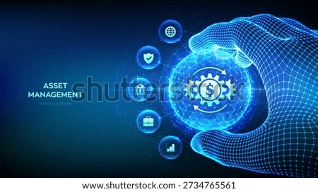 Asset management icon in wireframe hands. Business investment banking payment technology concept. Asset management icon inside glowing sphere in wireframe hand. Vector illustration.