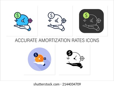 Asset management icons set. Accurate amortization rates. Expensing cost process. Calculation loan payment amount.Collection of icons in linear, filled, color styles.Isolated vector illustrations