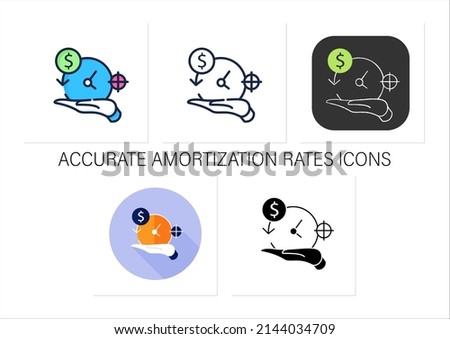 Asset management icons set. Accurate amortization rates. Expensing cost process. Calculation loan payment amount.Collection of icons in linear, filled, color styles.Isolated vector illustrations