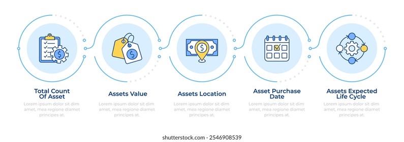 Infografía de gestión de activos 5 pasos. Contabilidad de negocios, banca. Economía, equidad. Diagrama de flujo infográfico. Iconos de gráficos de información de Vector editables