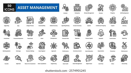 Asset management linear icon collection set