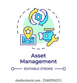 Asset management multi color concept icon. Tracking, maintenance. Core feature of FMS. Field service management. Round shape line illustration. Abstract idea. Graphic design. Easy to use in article