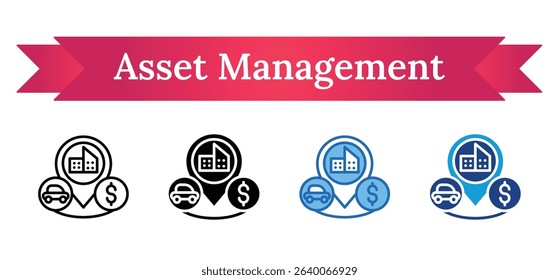 Asset Management Multi Style Icon - Gear with house, car, and pin symbols representing optimized asset and location management