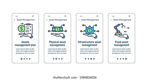 Asset management onboarding mobile app screens.Infrastructure, fixed, physical management. Control steps menu. Set of UI, UX, web template with RGB color linear icons
