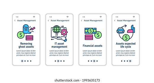 Asset management onboarding mobile app screens.Removing ghost assets. IT management, life cycle.Control steps menu. Set of UI, UX, web template with RGB color linear icons