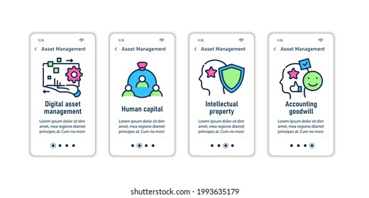 Asset management onboarding mobile app screens.Human capital.Intellectual property.Accounting goodwill. Control steps menu. Set of UI, UX, web template with RGB color linear icons