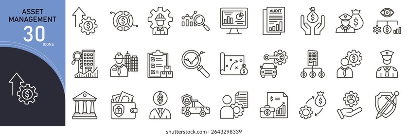 Coleções de ícones relacionados ao gerenciamento de ativos. Contendo portfólio, investimento, rastreamento, finanças, propriedade, avaliação, planejamento, riqueza, relatório, ícones de controle. Contornar ícones.