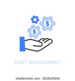 Asset management symbol with a hand holding few process cogwheels with dollar symbol. Easy to use for your website or presentation.