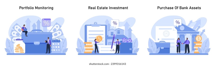 Asset Management Trio set. Tracking portfolio performance, exploring real estate investment opportunities, and engaging in bank asset acquisitions. A comprehensive financial strategy. Flat vector.