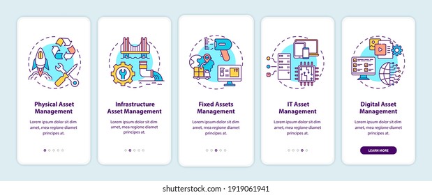 Asset management types onboarding mobile app page screen with concepts. Physical and infrastructure managing walkthrough 5 steps graphic instructions. UI vector template with RGB color illustrations