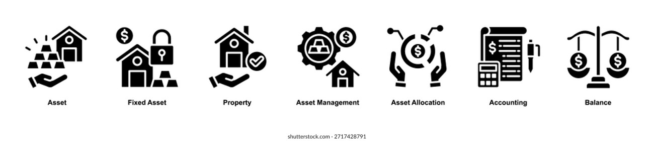Concepto de ilustración de ícono de Anuncio de Web de gestión de activos con un ícono de activo, activo fijo, propiedad, asignación de activos, gestión de activos, contabilidad, saldo. Estilo de glifo