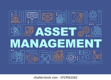 Asset Management Word Concepts Banner. Business Finance. Economy Plan. Infographics With Linear Icons On Dark Blue Background. Isolated Typography. Vector Outline RGB Color Illustration