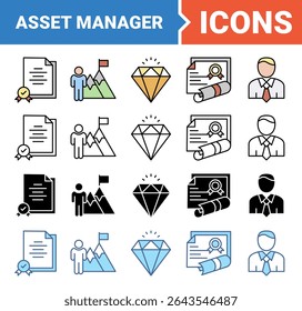 Conjunto de iconos de Anuncio de administrador de activos con varios estilos.