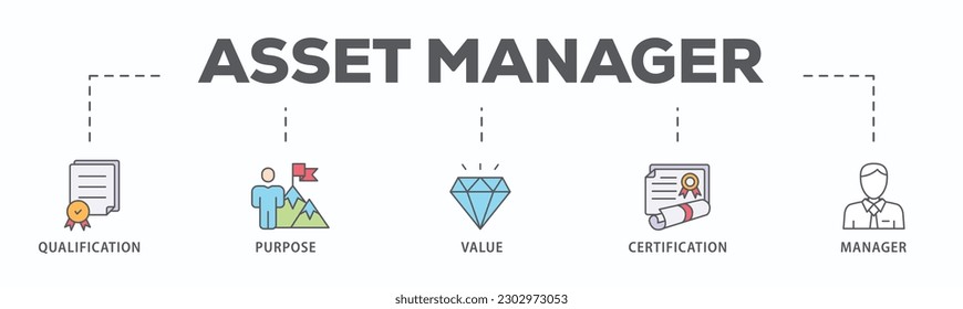 Asset manager banner web icon vector illustration concept with icon of qualification, purpose, value, certification and manager
