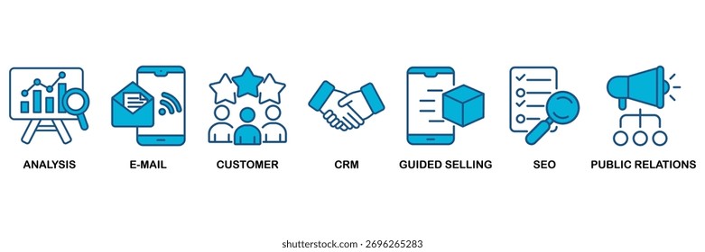 Conjunto de iconos de administrador de activos Concepto de diseño plano monocromo azul para calificación, propósito, valor, certificación y gerente