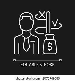 Asset manager white linear icon for dark theme. Specialist making investments. Stock market expert. Thin line customizable illustration. Isolated vector contour symbol for night mode. Editable stroke