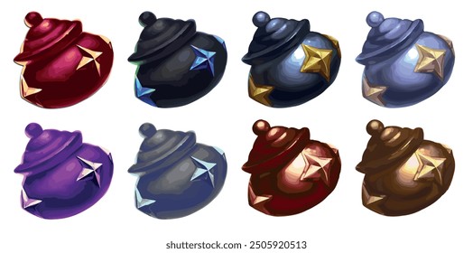 Asset multicolor gold blue silver black blue witch cauldron 3d illustration freehand drawing casual style shiny metal object game graphics resource icon neon light round pot props gold silver vessel