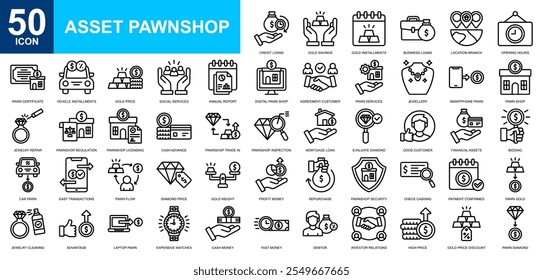 Asset Pawnshop icon collection set. Marketing, financial, economy, money management, financial strategy, asset management icon. Simple line vector.