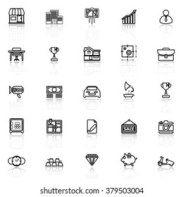 Asset and property line icons with reflect on white, stock vector