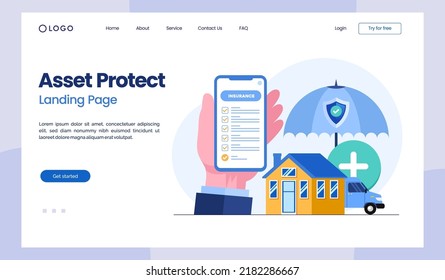 asset protection, health insurance, assurance, real estate, car protection, flat illustration vector landing page template