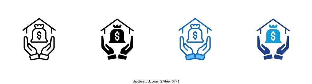 Asset Protection Multiple Style Icon Design Vector - Hands holding money bag under roof representing asset protection, financial security, and wealth safeguarding