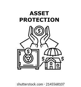 Asset Protection Vector Icon Concept. Asset Protection In Bank Safe Security Equipment, Investor Safe Money And Buying House Real Estate. Businessman Investment And Finance Protect Black Illustration