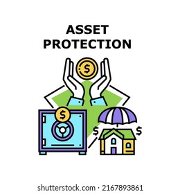 Asset Protection Vector Icon Concept. Asset Protection In Bank Safe Security Equipment, Investor Safe Money And Buying House Real Estate. Businessman Investment And Finance Protect Color Illustration