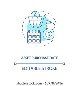 Asset Purchase Date Concept Icon. Assets Inventory Element Idea Thin Line Illustration. Investment Support. Posting Transactions. Vector Isolated Outline RGB Color Drawing. Editable Stroke